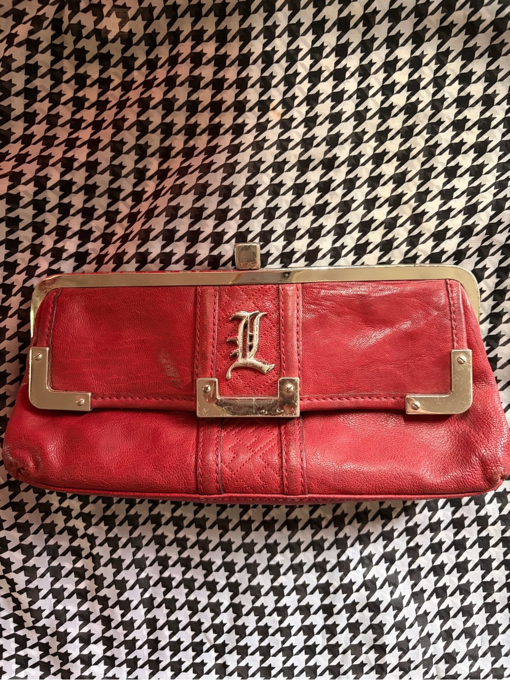 L.A.M.B. Y2K Red Leather Clutch with Gold Hardware - L Accent